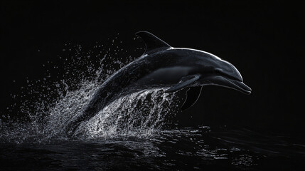 Aufkleber - Majestic dolphin leaps out of dark water on a moonlit night, creating a spectacular splash, showcasing power and elegance in the ocean