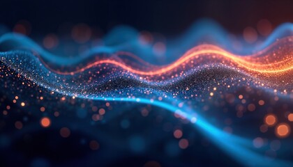 Fototapete - Abstract blue orange digital wave particles flow. Futuristic tech background. Big data network visualization. Modern science design. 3D energy concept. Innovation communication. Dynamic glowing