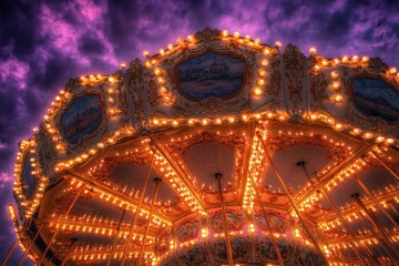 Aufkleber - A vibrant carousel illuminated by lights against a dramatic purple sky.