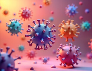 Poster - Abstract 3D render colorful virus cells. Medical oncology concept. Cellular study image. Microscopic view. Healthcare tech. Biology structure. Modern therapy. Cancer research. Breakthrough. Health