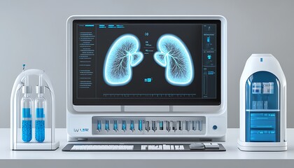 Poster - A futuristic medical workstation displaying lung scans and laboratory equipment.