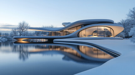 Poster - Innovative architecture of a modern lakeside house reflected in serene water on a snowy winter evening