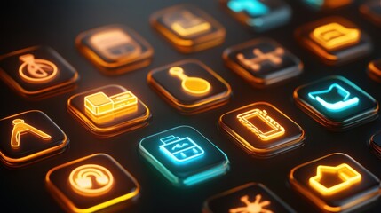 Poster - Illuminated Neon Interface Icons Displaying Various App Functions