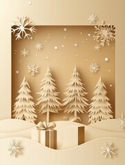 Aufkleber - This holiday card showcases elegant cut-out trees surrounded by snowflakes and a gift, creating a charming winter wonderland atmosphere. Generative AI