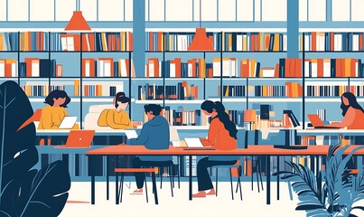 Aufkleber - A vibrant library scene with people studying and working at tables surrounded by bookshelves.
