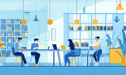  - A modern workspace with individuals collaborating and working on laptops in a bright environment.