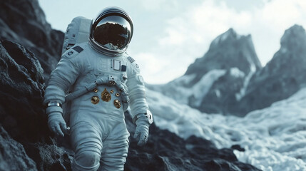 Poster - Astronaut explores the rugged and mountainous terrain of an alien planet