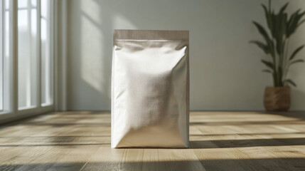 Poster - Realistic 3d rendering of a blank metallic doypack pouch on a wooden floor in a sunlit room, ideal for displaying your product packaging design