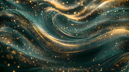 Wall Mural - Abstract green and gold background with swirling, wavy, glowing lines and particles. Galaxy Ripple Dreams. Illustration