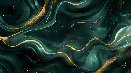 Wall Mural - Abstract green and gold background with swirling, wavy, glowing lines and particles. Galaxy Ripple Dreams. Illustration