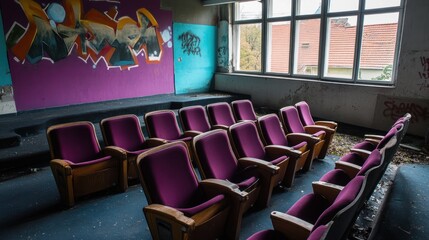 Poster - Abandoned room with purple chairs and graffiti on the walls.