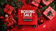 © Asad - Boxing day sale with Christmas present and xmas decoration and text BOXING DAY SALE  Special Discount  SHOP NOW ' isolated on red background