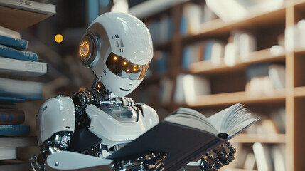 Aufkleber - Humanoid robot learning and studying, reading a book in a library, surrounded by stacks of books, showcasing artificial intelligence and machine learning