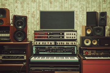 Poster - A vintage music studio setup with various audio equipment and a keyboard.