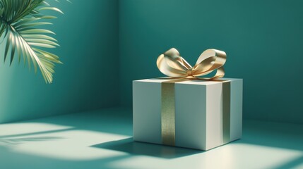Poster - A beautifully wrapped gift box with a golden ribbon on a teal background.