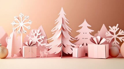 Poster - Handmade holiday card showcases delicate paper cut-out trees and snowflakes, creating a charming winter landscape perfect for greeting loved ones. Generative AI