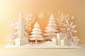 Leinwandbilder - A creative holiday card showcases intricately cut-out trees, snowflakes, and wrapped gifts, capturing a festive winter atmosphere. Generative AI