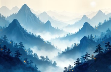 Poster - Blue misty mountains landscape. Foggy scenery. Abstract art. Chinese ink style. Zen garden. Nature background. Spring season. Serenity. Tranquility. Minimalist design. Decorative image. Blue palette.