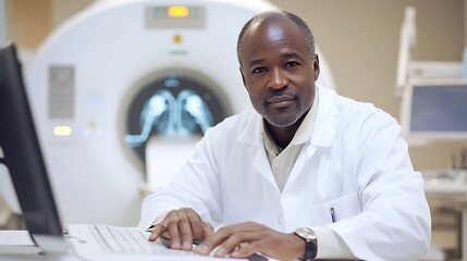 Poster - A medical professional in a lab coat working with a computer near a CT scanner.