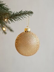 Poster - A golden ornament shines brightly, suspended from a green pine branch, contributing to the joyful atmosphere of holiday decorations. Generative AI