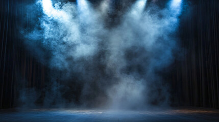 Poster - Three spotlights create a dramatic and mysterious atmosphere on a stage with curtains, illuminating the smoke