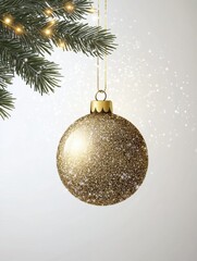 Poster - A shimmering golden ornament dangles gracefully from a verdant pine branch, adding festive charm to the holiday atmosphere. Generative AI