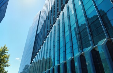 Aufkleber - Modern glass skyscraper architecture. Blue building exterior. Urban city scene. Business district. High rise office tower. Sunlight reflects glass panels. Contemporary design. Architectural detail.