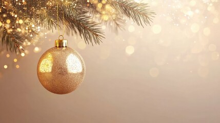 Aufkleber - A sparkling golden ornament dangles from a lush pine branch, adding holiday cheer with soft bokeh lights in the background. Generative AI