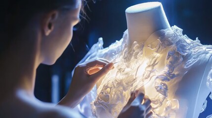 Poster - Woman Carefully Embroidering Delicate Lace Gown