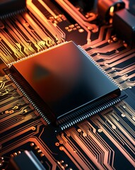 Poster - Close-up of a central processing unit (CPU) on a circuit board, showcasing intricate details and warm color tones.