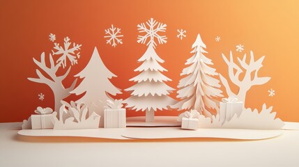 Aufkleber - The holiday card displays intricate cut-out trees and snowflakes, capturing a festive winter spirit with small gift boxes. Generative AI