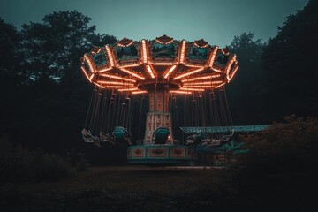 Aufkleber - A vintage swing ride illuminated at dusk, evoking nostalgia and amusement park vibes.