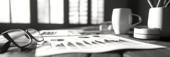 Poster - A monochrome workspace featuring charts, glasses, and a coffee mug, ideal for analysis.