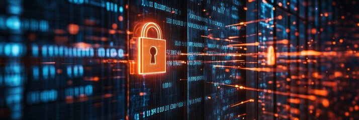 Poster - Digital representation of cybersecurity with a padlock amidst flowing data streams.