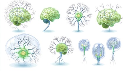 Poster - Illustration of brain structures and neurons in various styles.