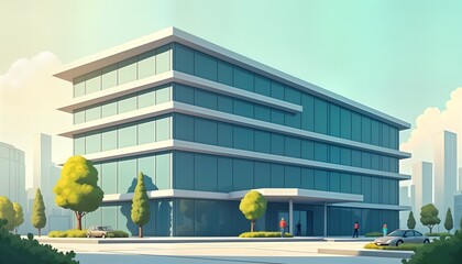 Poster - Modern office building city landscape. Glass skyscraper architecture. Business center urban design. Futuristic structure. Steel construction. Day time. Transportation. City life.