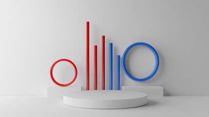 Poster - Abstract display with red and blue geometric shapes on a minimalistic stage.