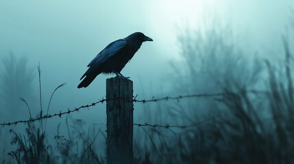 Aufkleber - Mysterious and evocative scene of a black crow perched on a weathered wooden fence post in a foggy field