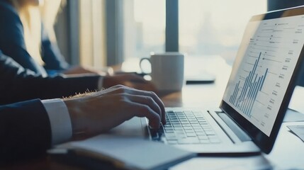 Poster - A person working on a laptop with graphs, coffee, and colleagues in a business setting.