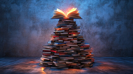 Poster - Books stacked in a pyramid with an open book glowing on top in a dimly lit room