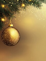 Poster - A golden Christmas ornament glimmers in the light, suspended from a pine branch adorned with delicate twinkling lights amidst a warm background. Generative AI