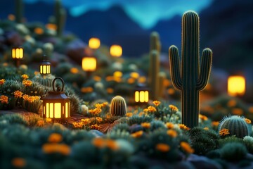 Wall Mural - Desert Landscape at Night with Illuminated Lanterns and Cacti