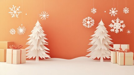 Poster - A holiday card with intricate cut-out trees, snowflakes, and gift boxes, celebrating winter festivities in a warm color palette. Generative AI
