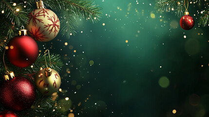 Aufkleber - Red and gold christmas ornaments decorate a fir tree branch with falling snow and bokeh effect, perfect for holiday greetings