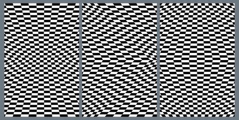Fototapete - Set of Posters with Psychedelic Checkerboard Patterns. Abstract Black and White Geometric Texture. Vector Print with Optical Illusions