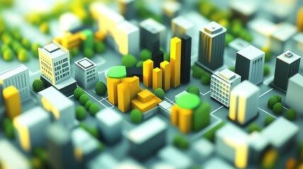 Aufkleber - A vibrant 3D cityscape model showcasing buildings and greenery.