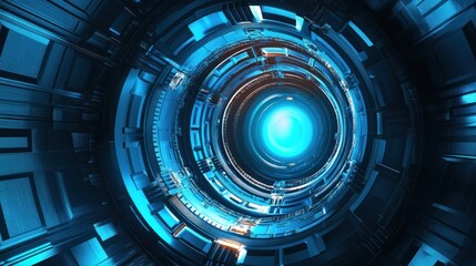 Poster - A futuristic, circular tunnel with glowing blue light and intricate metallic structures.