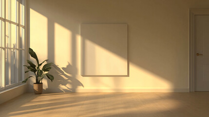 Aufkleber - Empty room with blank canvas on wall and long shadows from sun through window, ideal for displaying artwork or design