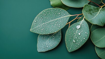 Poster - Close-up of green leaves with water droplets on a solid background.