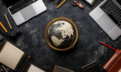 Poster - A workspace featuring a globe surrounded by laptops, notebooks, and stationery.